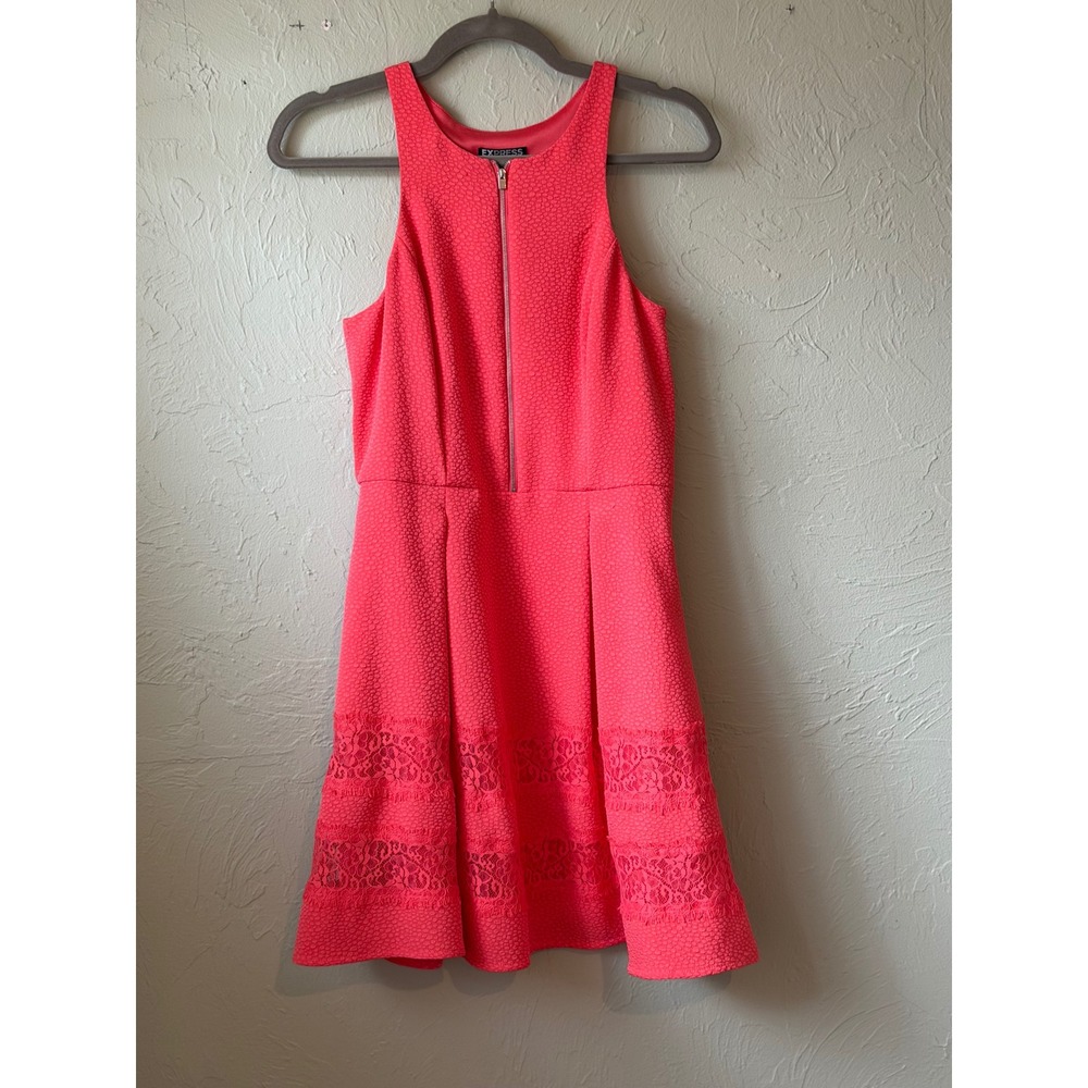 Express Coral Pink Lace‎ Trim Halter Fit and Flare Dress Front Zip Size 6